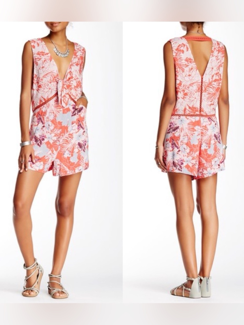 Free People Santiago Tie Front Floral Romper Crochet Boho Effortless Easy